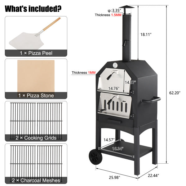 Freestanding Carbon Grill With Chimney, Wheels, Pizza Stone, And Pizza Shovel