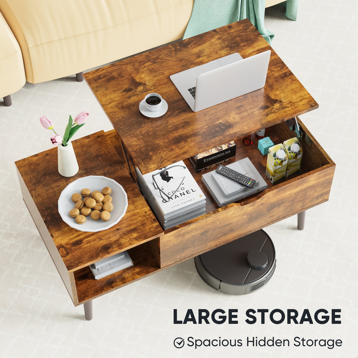Lift Tabletop Coffee Tables For Living Room With Storage Shelf And Hidden Compartment