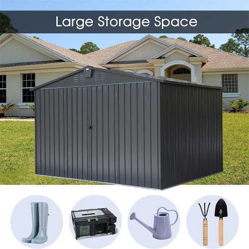 Outdoor Storage Shed 10'x 8, Metal Garden Shed For Bike, Trash Can, Tools, Galvanized Steel Outdoor Storage Cabinet With Lockable Door For Backyard, Patio, Lawn 10x8ft, Dark Gray