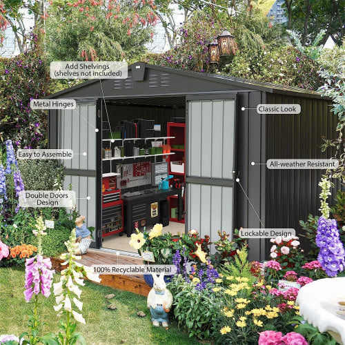 Outdoor Storage Shed 10'x 8, Metal Garden Shed For Bike, Trash Can, Tools, Galvanized Steel Outdoor Storage Cabinet With Lockable Door For Backyard, Patio, Lawn 10x8ft, Dark Gray