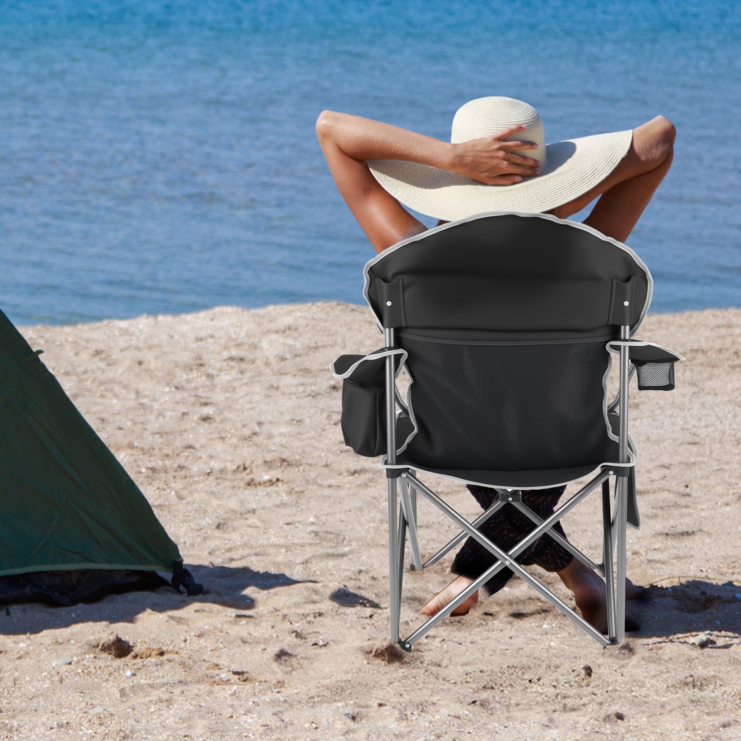 Oversized Camping Folding Chair, Heavy Duty Padded Chair With Cup Holder Storage And Cooler Bag, 5000 LBS Steel Frame, Portable For Outdoor