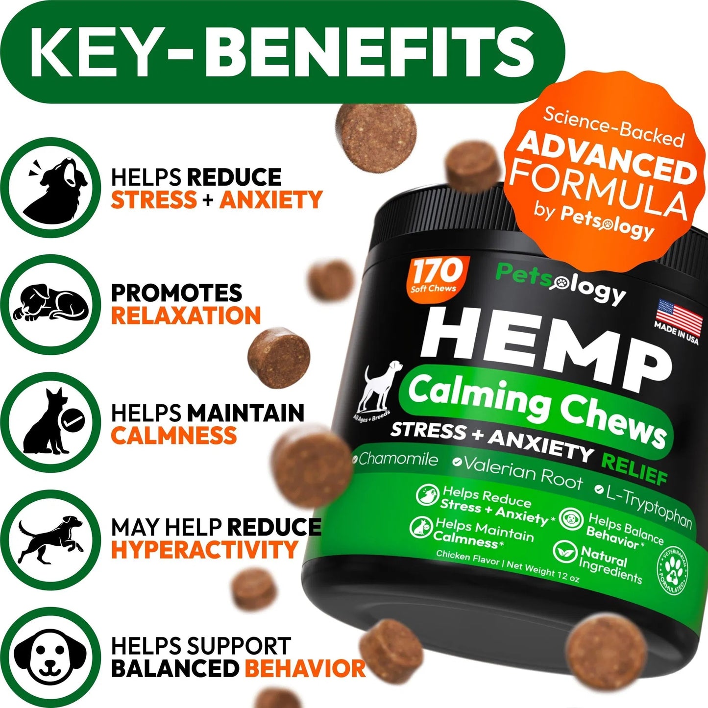 Do Not Sell On Amazon Hemp Calming Chews For Dogs 170 Dog Calming Chews Anxiety Relief Treats Advanced Stress Relief Separation Aid Barking Thunder Fireworks Melatonin Pet Supplement Made In USA