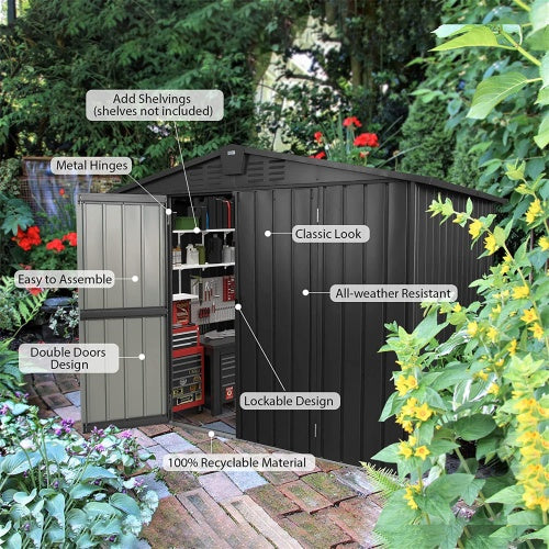 Outdoor Storage Shed 8.2'x 6.2', Metal Garden Shed For Bike, Trash Can, Galvanized Steel Outdoor Storage Cabinet With Lockable Door For Backyard, Patio, Lawn 8.2x6.2ft, Dark Gray