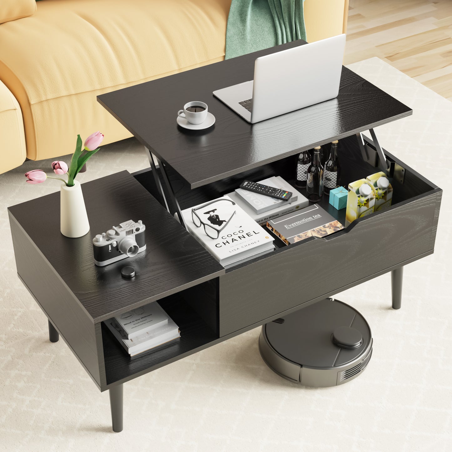 Lift Tabletop Coffee Tables For Living Room With Storage Shelf And Hidden Compartment