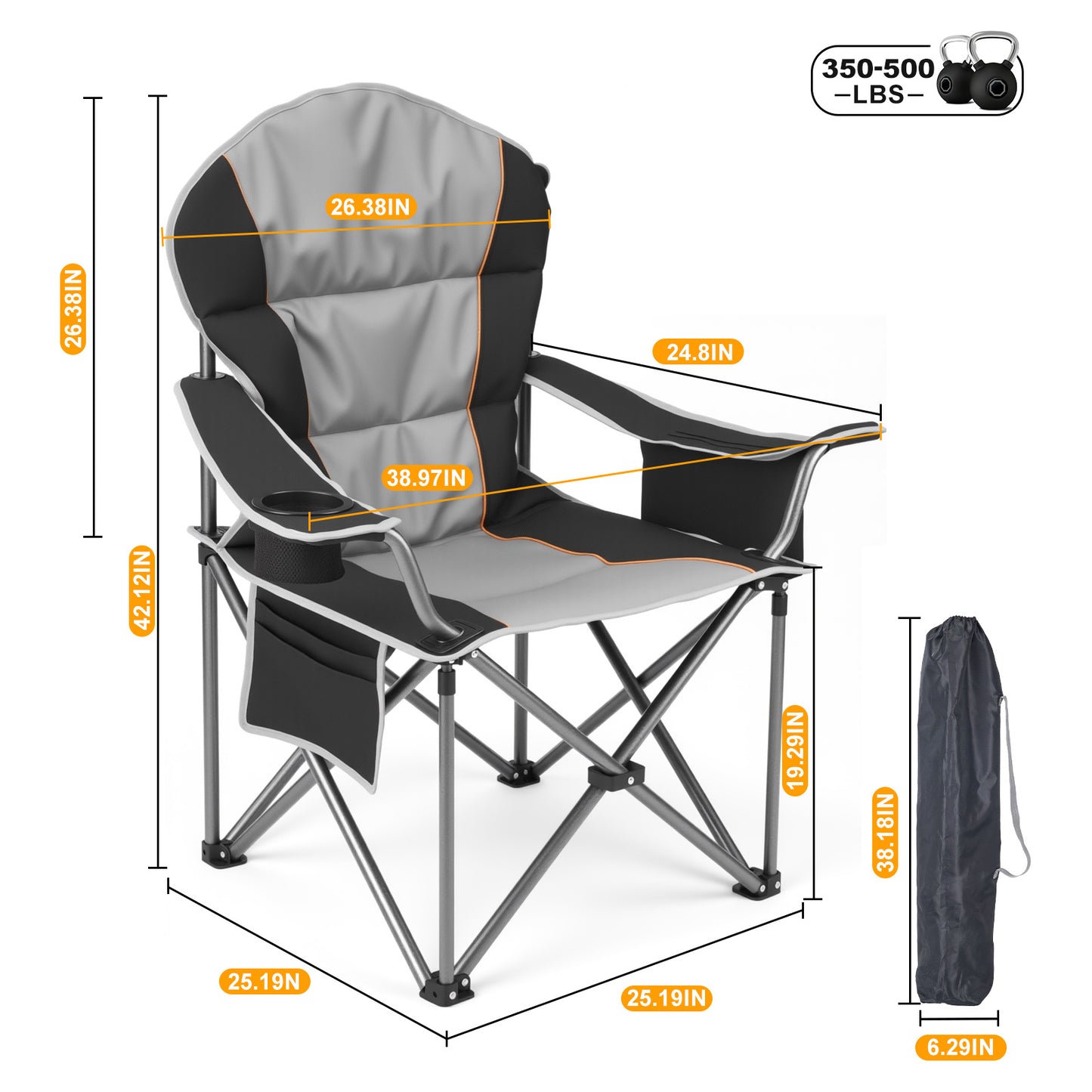 Oversized Camping Folding Chair, Heavy Duty Padded Chair With Cup Holder Storage And Cooler Bag, 5000 LBS Steel Frame, Portable For Outdoor