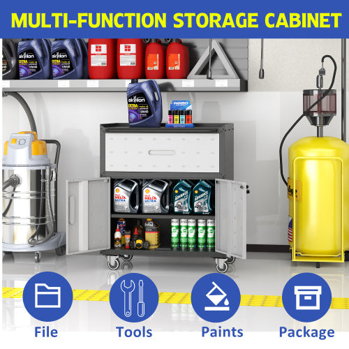 Sturdy And Durable Metal Tool Cabinet For Garage With Wheels - Mobile Heavy-Duty Storage Cabinet With 1 Drawer And 2 Locking Doors, Rolling Tool Storage Cabinet, Black And Gray
