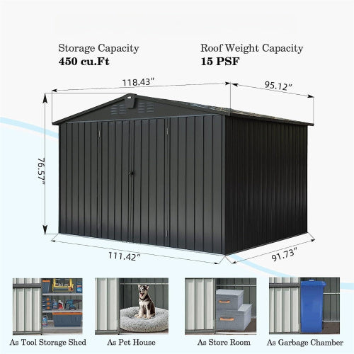 Outdoor Storage Shed 10'x 8, Metal Garden Shed For Bike, Trash Can, Tools, Galvanized Steel Outdoor Storage Cabinet With Lockable Door For Backyard, Patio, Lawn 10x8ft, Dark Gray