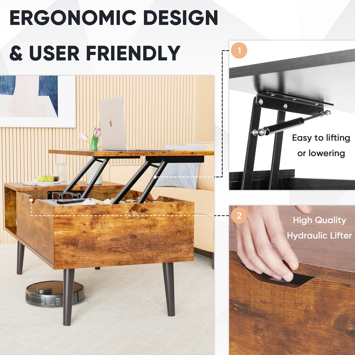 Lift Tabletop Coffee Tables For Living Room With Storage Shelf And Hidden Compartment