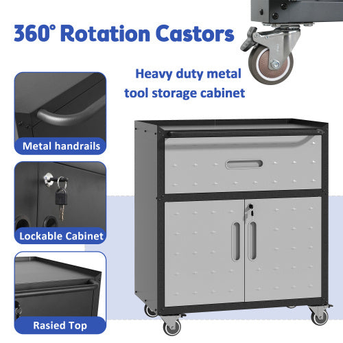 Sturdy And Durable Metal Tool Cabinet For Garage With Wheels - Mobile Heavy-Duty Storage Cabinet With 1 Drawer And 2 Locking Doors, Rolling Tool Storage Cabinet, Black And Gray