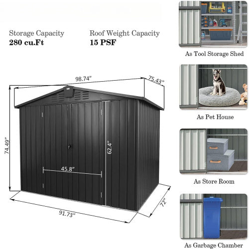Outdoor Storage Shed 8.2'x 6.2', Metal Garden Shed For Bike, Trash Can, Galvanized Steel Outdoor Storage Cabinet With Lockable Door For Backyard, Patio, Lawn 8.2x6.2ft, Dark Gray