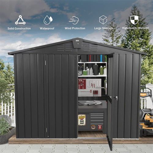 Outdoor Storage Shed 8.2'x 6.2', Metal Garden Shed For Bike, Trash Can, Galvanized Steel Outdoor Storage Cabinet With Lockable Door For Backyard, Patio, Lawn 8.2x6.2ft, Dark Gray