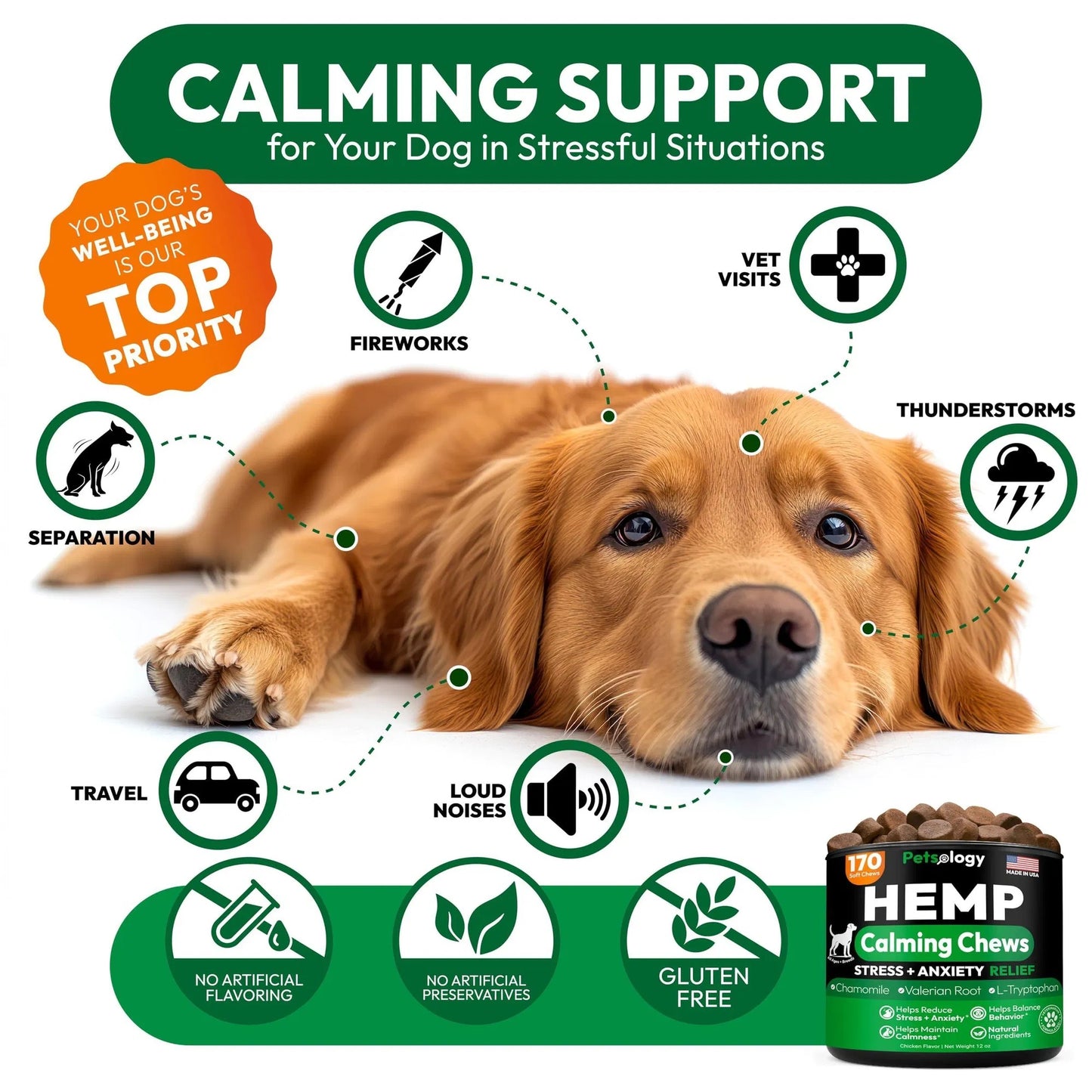 Do Not Sell On Amazon Hemp Calming Chews For Dogs 170 Dog Calming Chews Anxiety Relief Treats Advanced Stress Relief Separation Aid Barking Thunder Fireworks Melatonin Pet Supplement Made In USA