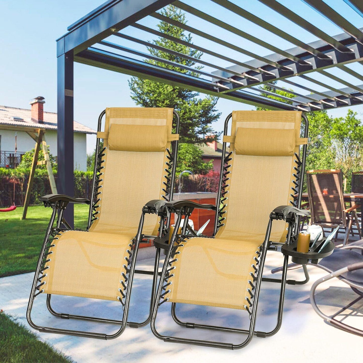 2Packs Zero Gravity Lounge Chair With Dual Side Tray Stress Relief Pillow 330lbs Max Load Per Chair Foldable For Patio Poolside Beach Fedex Shipping
