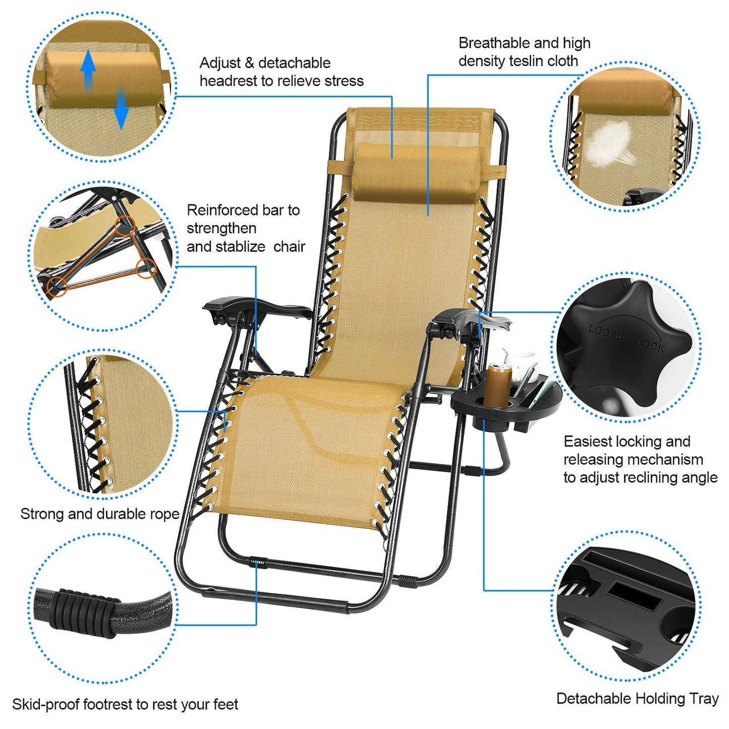 2Packs Zero Gravity Lounge Chair With Dual Side Tray Stress Relief Pillow 330lbs Max Load Per Chair Foldable For Patio Poolside Beach Fedex Shipping