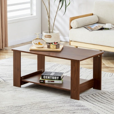 Modern Minimalist Walnut Colored Double Layered Rectangular Coffee Table ,tea Table.MDF Material Is More Durable,Suitable For Living Room, Bedroom, And Study Room.19.6x35.4x16.5  CT-16