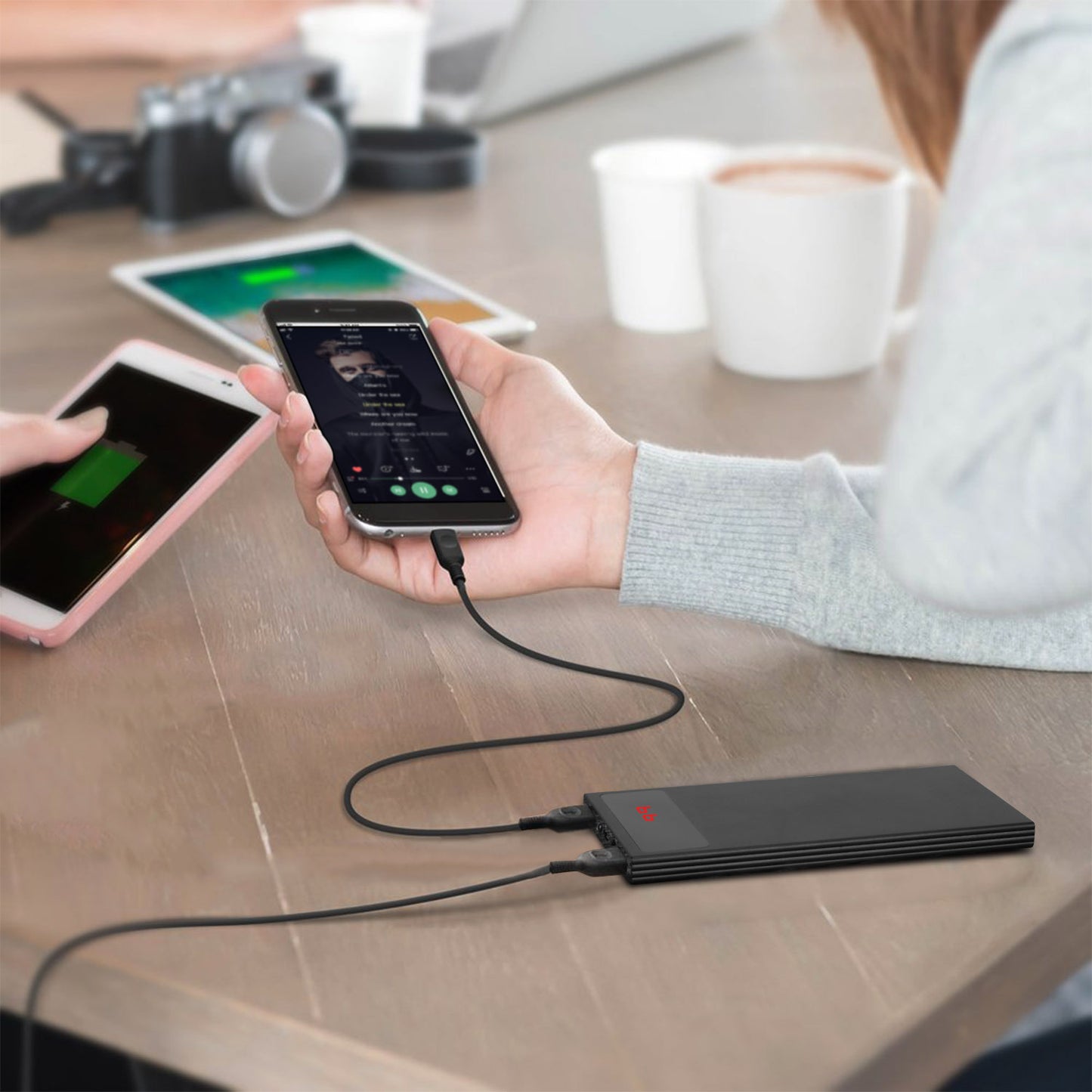 1Pc 20000mAh Power Bank Ultra-thin Phone Charger Dual USB Port Flashlight Battery Remain Display